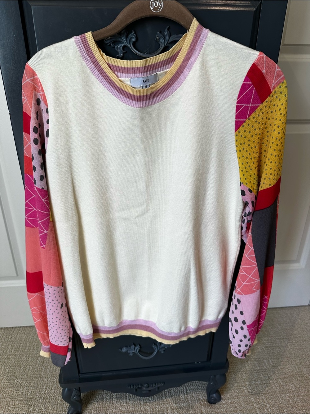 Fate Cream Knit Crewneck with Pink & Yellow Trim